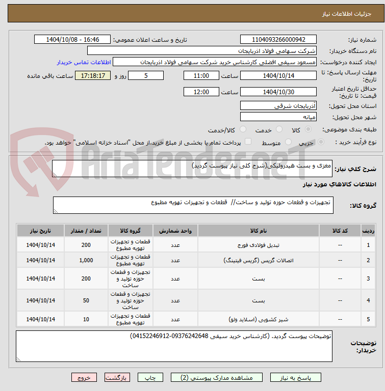 تصویر کوچک آگهی مغزی و بست هیدرولیکی(شرح کلی نیاز پیوست گردید)