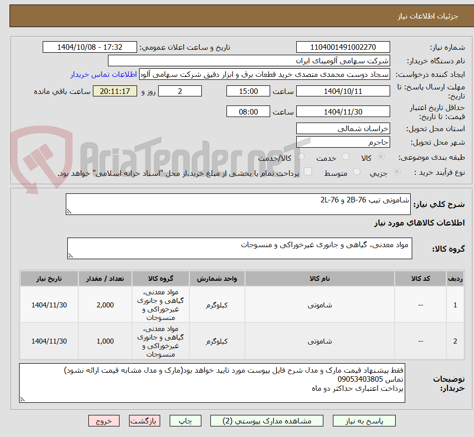 تصویر کوچک آگهی شاموتی تیپ 2B-76 و 2L-76