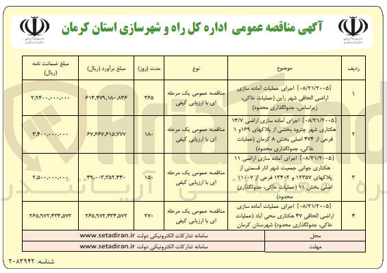 تصویر کوچک آگهی ۰۸/۲۱/۲۰۰۵۱ ) اجرای عملیات آماده سازی اراضی الحاقی ۲۷ هکتاری محی آباد ( عملیات خاکی جدولگذاری محدود شهرستان کرمان