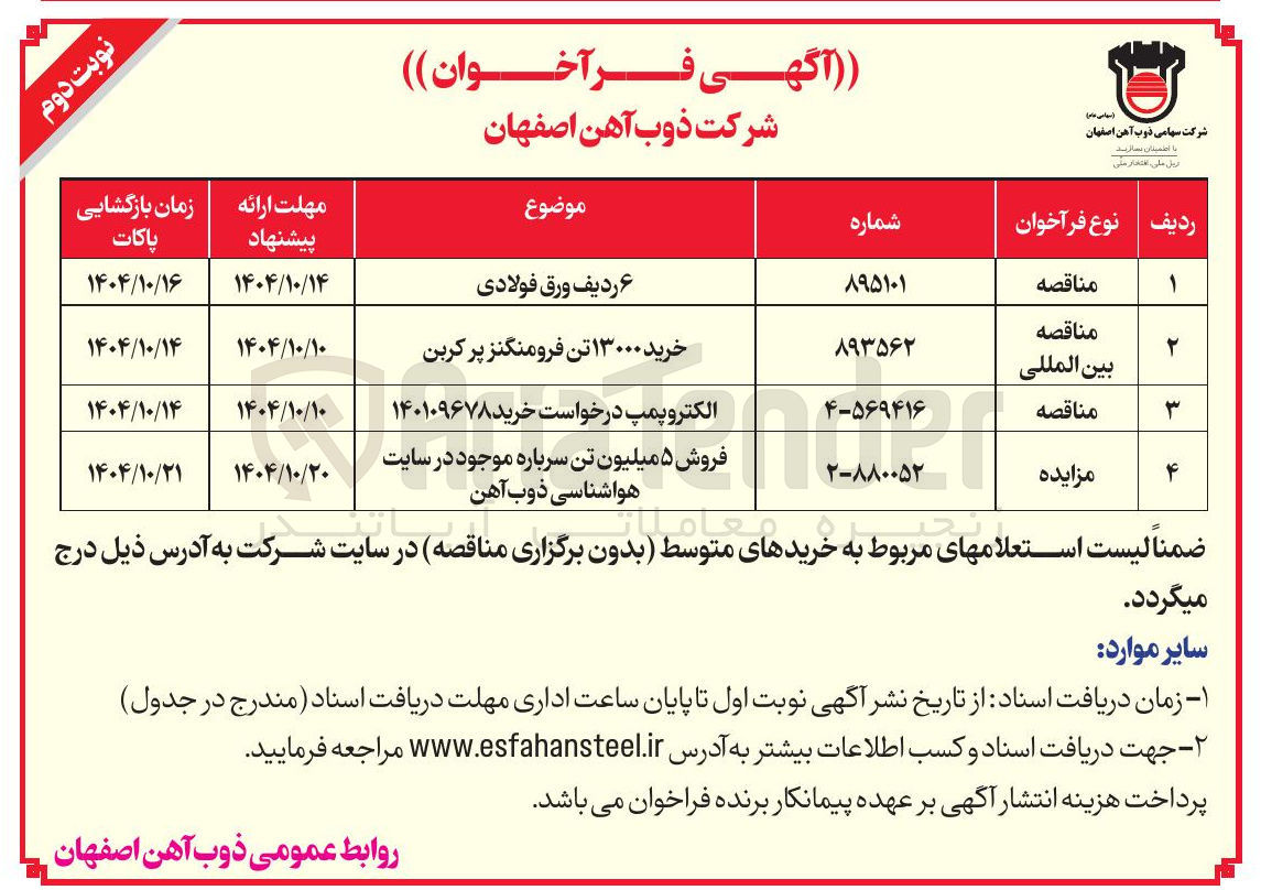 تصویر کوچک آگهی فروش ۵ میلیون تن سرباره موجود در سایت هواشناسی ذوب آهن 
