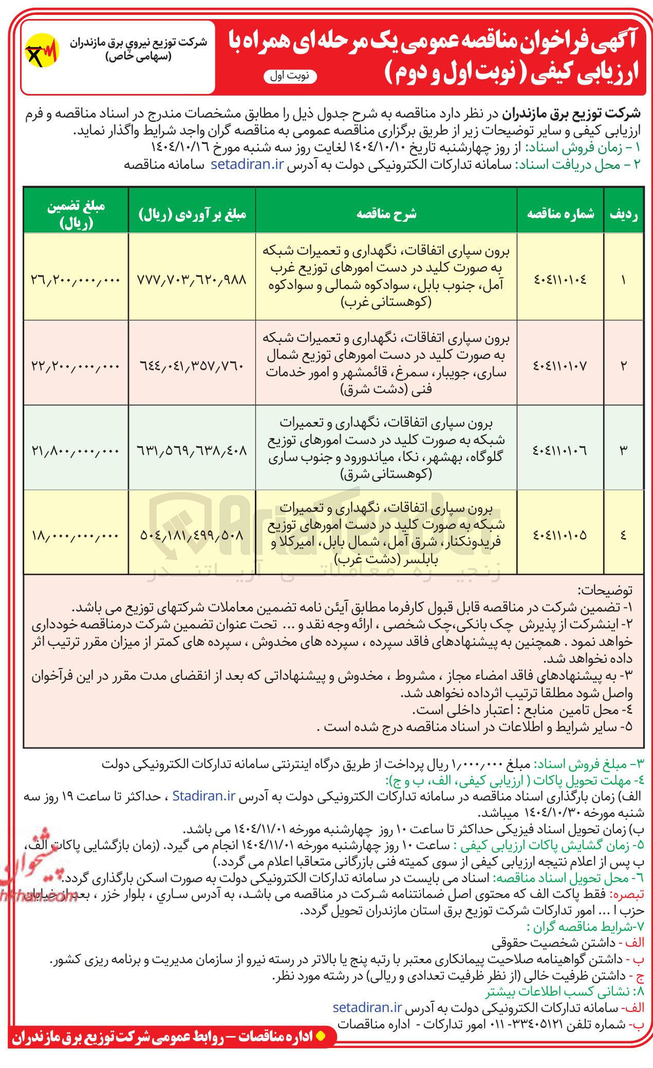 تصویر کوچک آگهی برون سپاری اتفاقات نگهداری و تعمیرات شبکه به صورت کلید در دست امورهای توزیع غرب