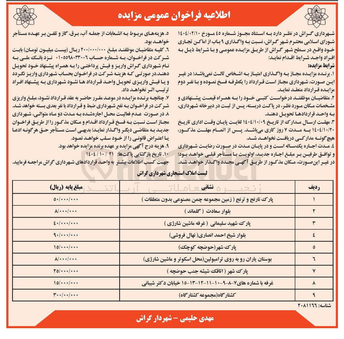 تصویر کوچک آگهی  واگذاری ۹ باب از اماکن تجاری