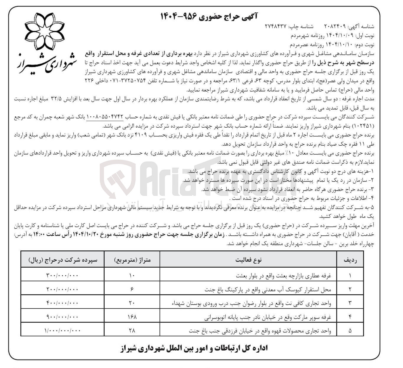 تصویر کوچک آگهی بهره برداری از تعدادی غرفه و محل استقرار 