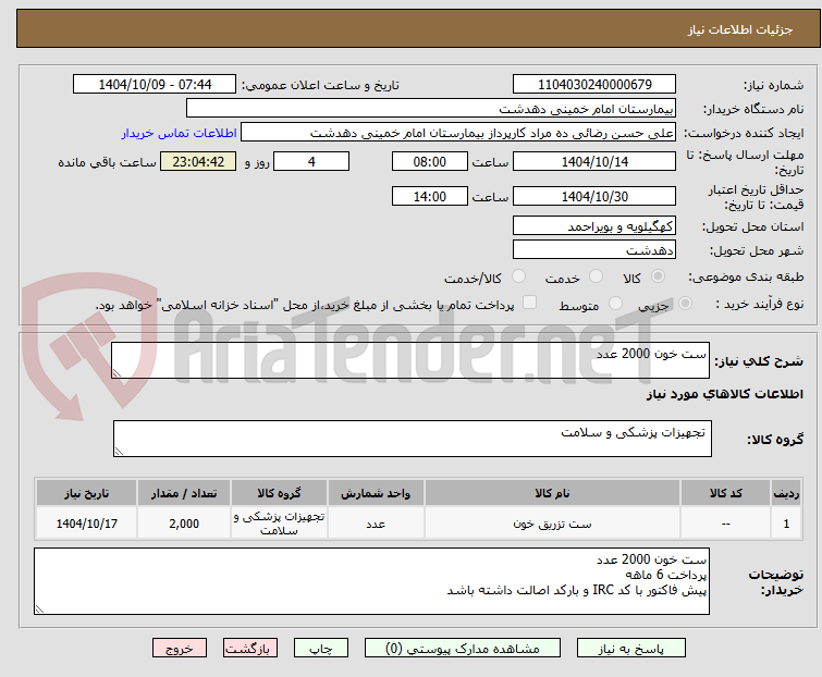 تصویر کوچک آگهی ست خون 2000 عدد
