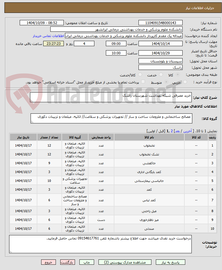 خرید مصرفی شبکه بهداشت شهرستان راسک
