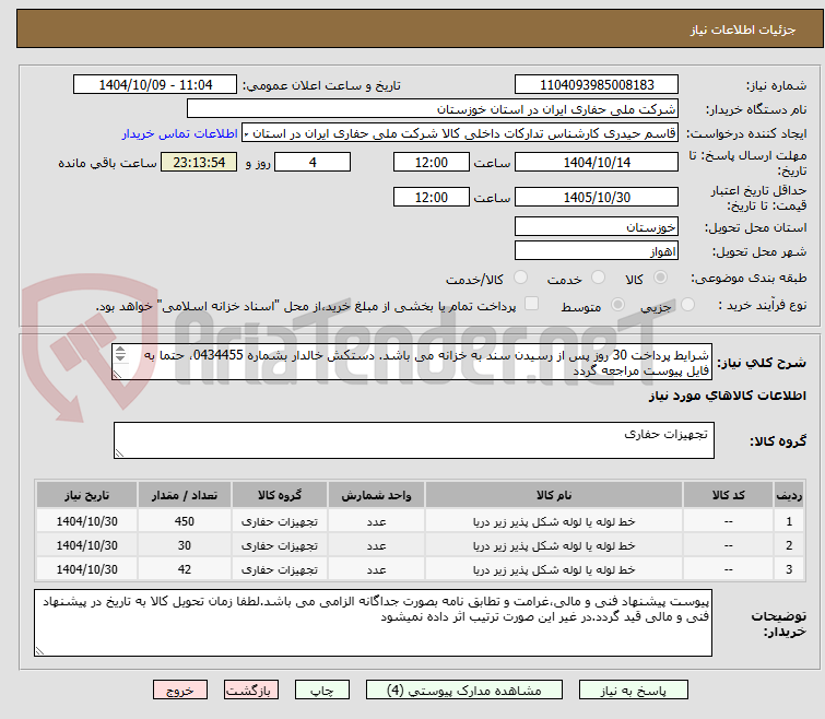 تصویر کوچک آگهی شرایط پرداخت 30 روز پس از رسیدن سند به خزانه می باشد. دستکش خالدار بشماره 0434455، حتما به فایل پیوست مراجعه گردد
(واحد کالا متر می باشد)