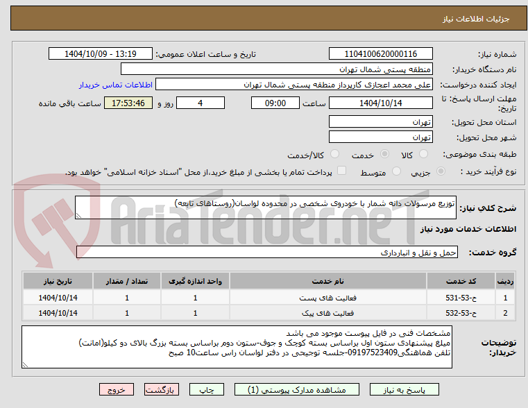 تصویر کوچک آگهی توزیع مرسولات دانه شمار با خودروی شخصی در محدوده لواسان(روستاهای تابعه)