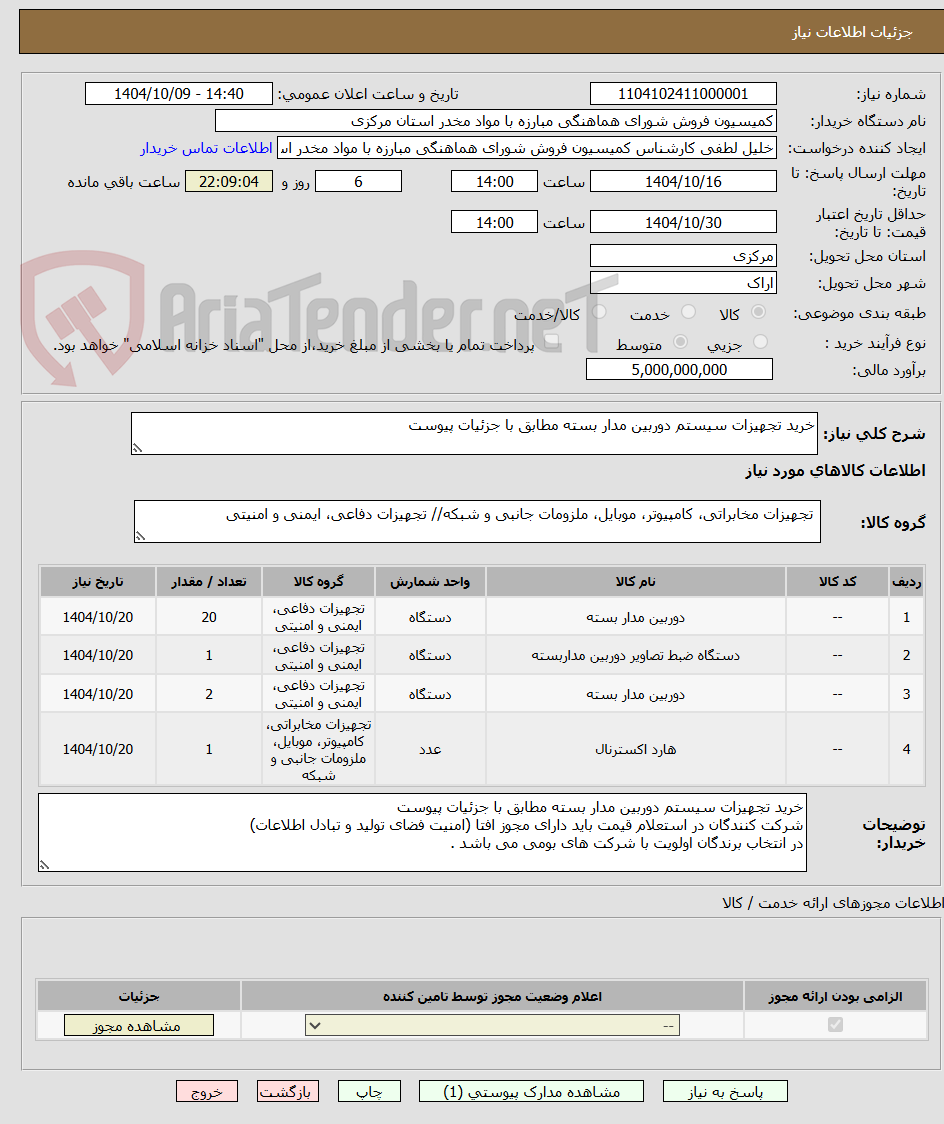 تصویر کوچک آگهی خرید تجهیزات سیستم دوربین مدار بسته مطابق با جزئیات پیوست