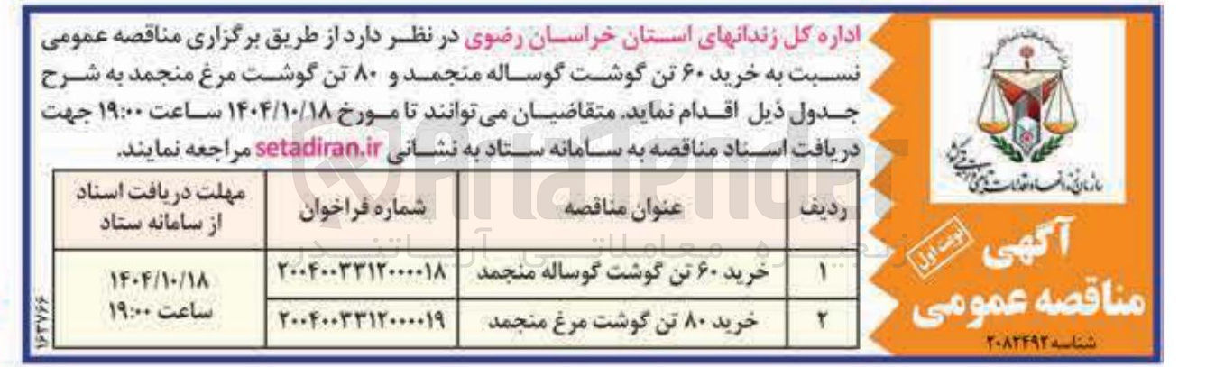 تصویر کوچک آگهی خرید ۸۰ تن گوشت مرغ منجمد