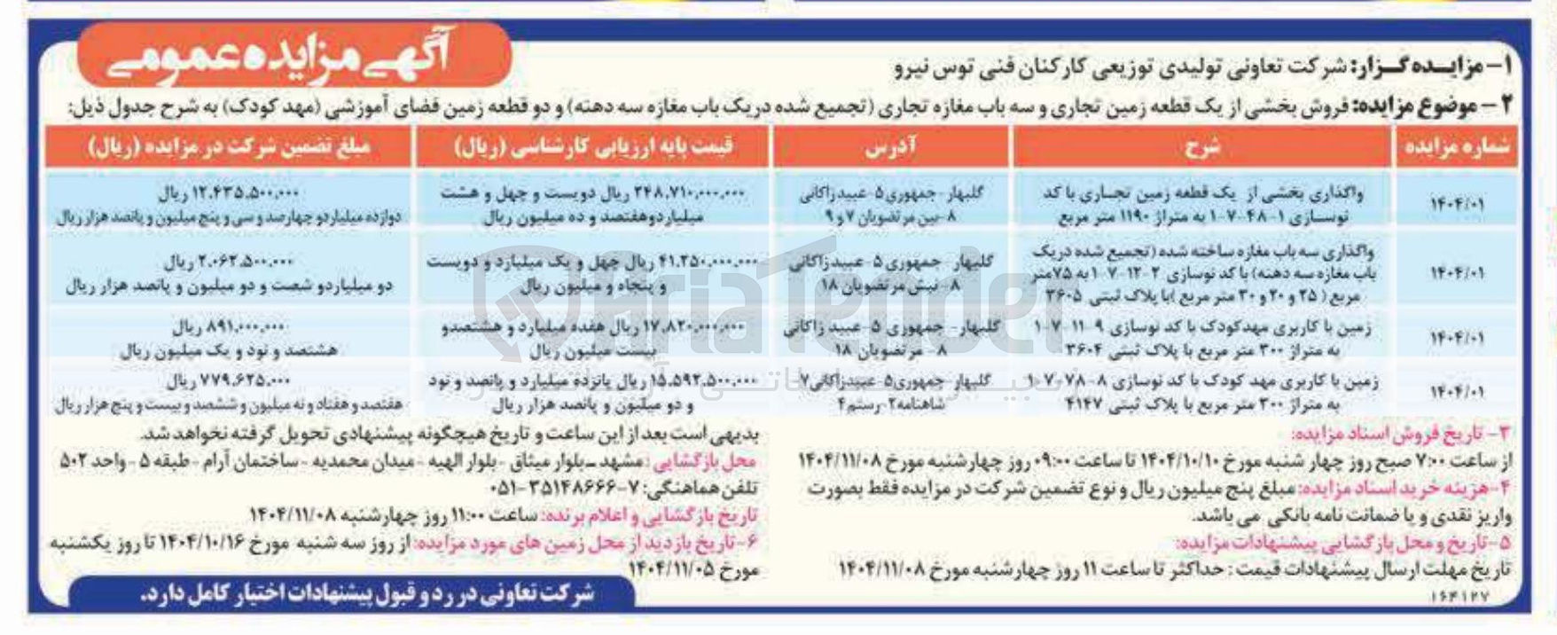 تصویر کوچک آگهی واگذاری بخشی از یک قطعه زمین تجاری