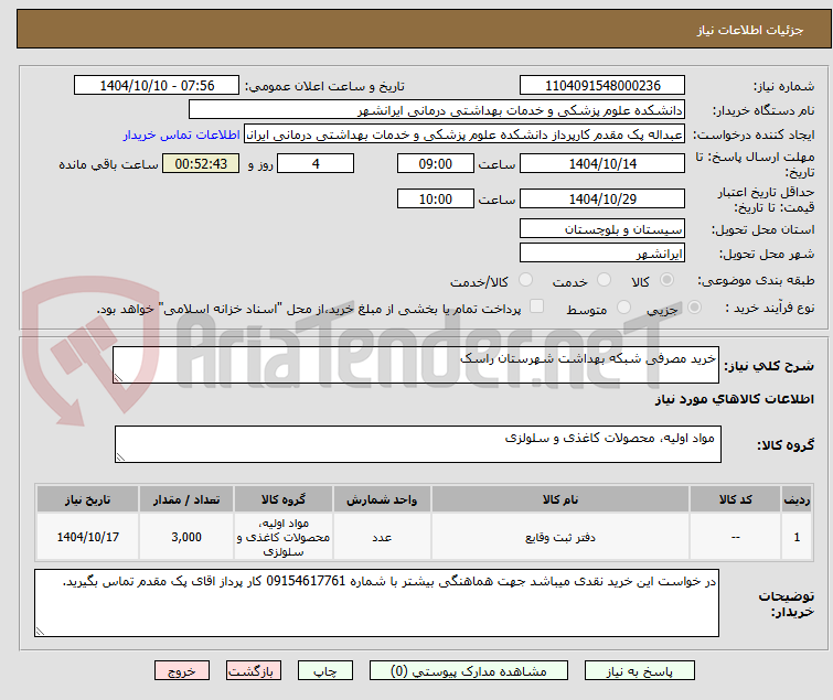 خرید مصرفی شبکه بهداشت شهرستان راسک