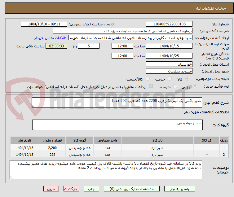 تصویر کوچک آگهی شیر پاکتی یک لیتری(پرچرب 2200 عدد-کم چرب 292 عدد)