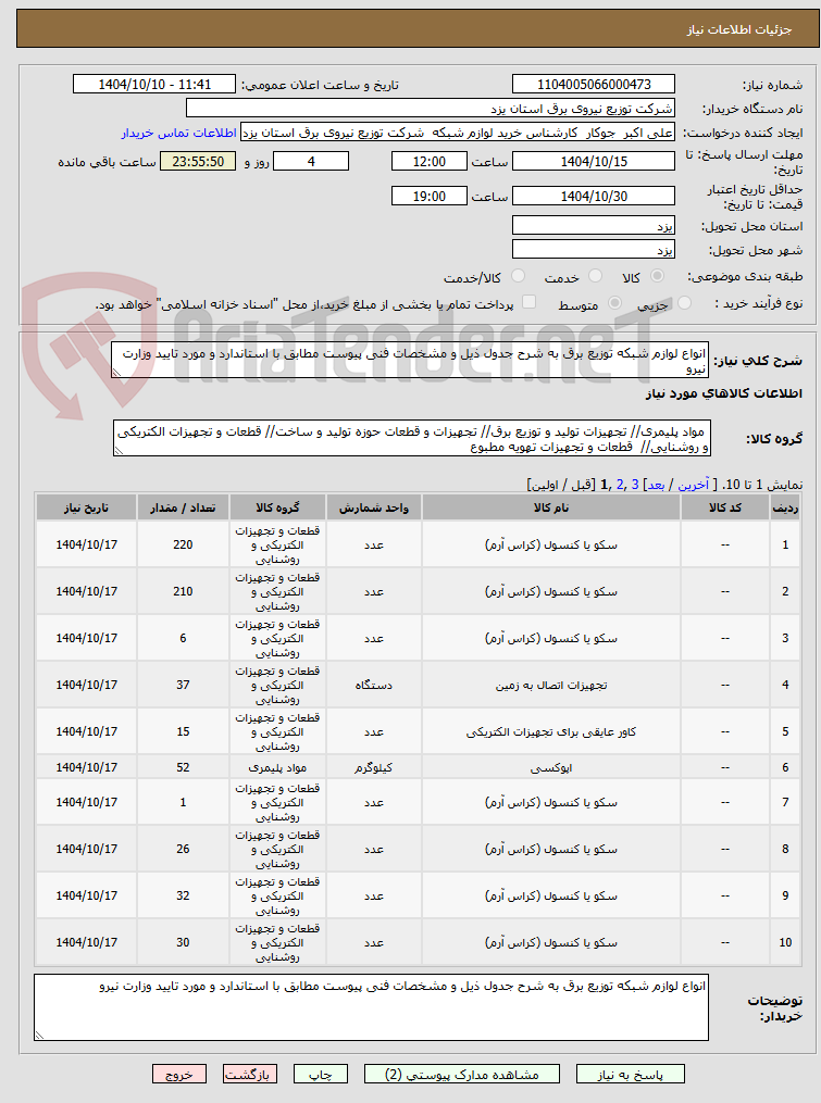 تصویر کوچک آگهی انواع لوازم شبکه توزیع برق به شرح جدول ذیل و مشخصات فنی پیوست مطابق با استاندارد و مورد تایید وزارت نیرو