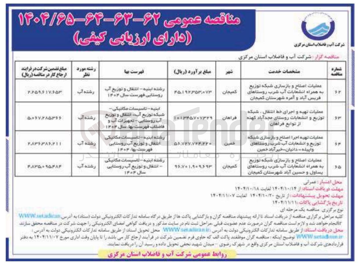 تصویر کوچک آگهی عملیات اصلاح و بازسازی شبکه توزیع به همراه انشعابات آب شرب روستاها