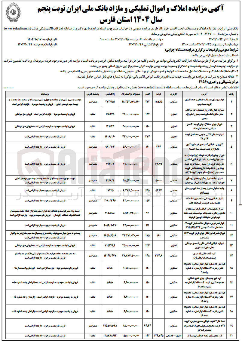 تصویر کوچک آگهی مزایده املاک و اموال تملیکی و مازاد