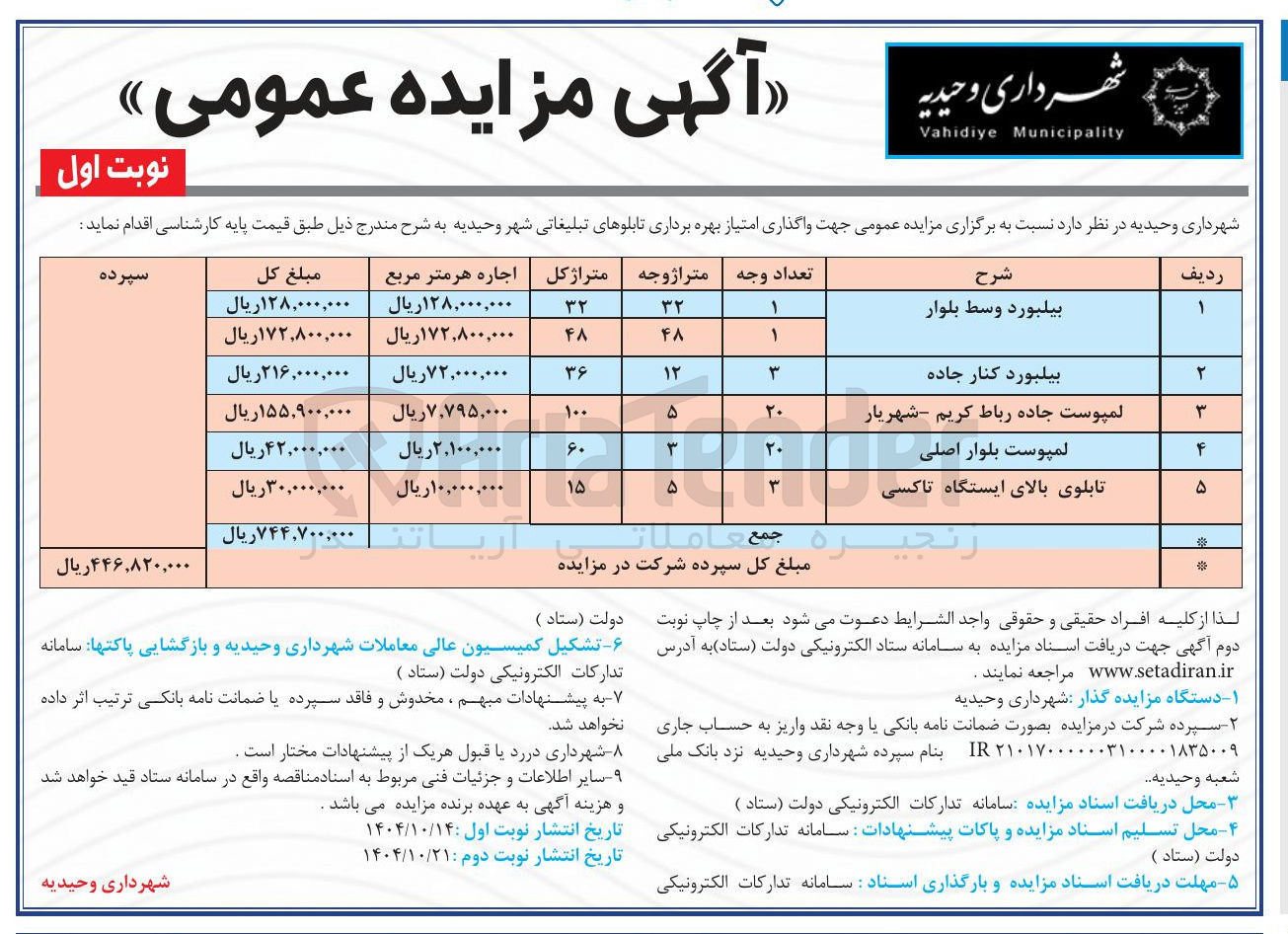 تصویر کوچک آگهی واگذاری امتیاز بهره برداری تابلوهای تبلیغاتی
