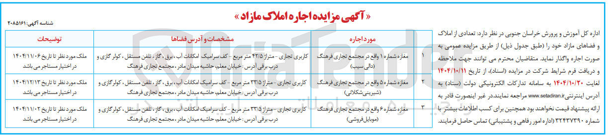 تصویر کوچک آگهی فروش تعدادی از املاک و فضاهای مازاد