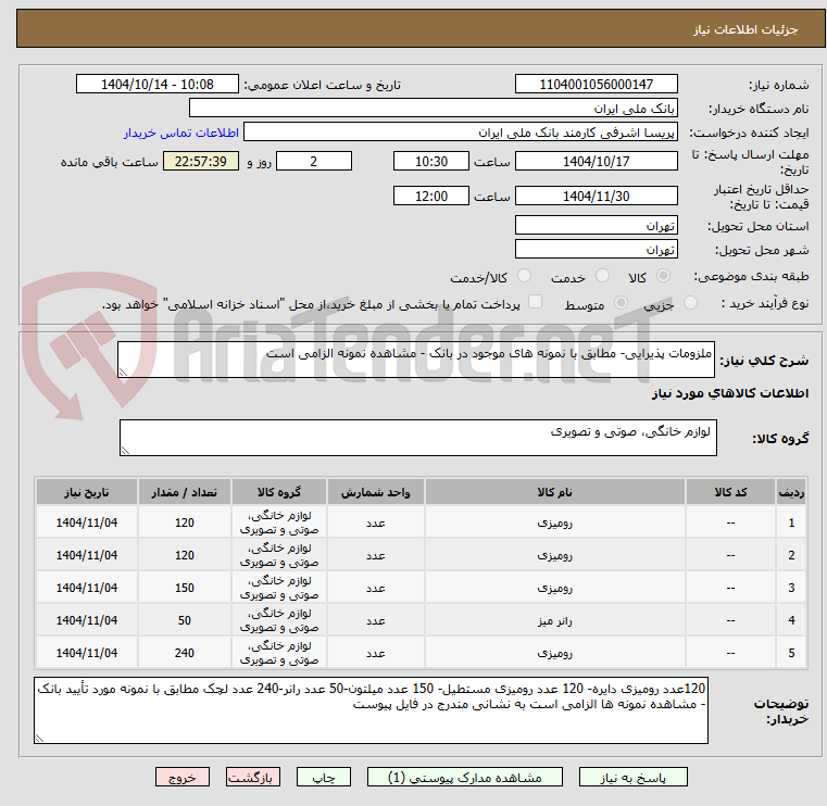 تصویر کوچک آگهی ملزومات پذیرایی- مطابق با نمونه های موجود در بانک - مشاهده نمونه الزامی است