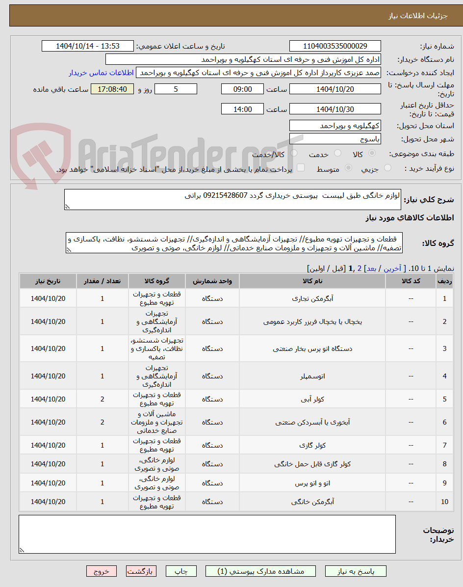 لوازم خانگی طبق لیبست پیوستی خریداری گردد 09215428607 براتی