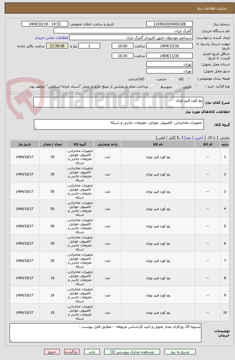 تصویر کوچک آگهی پچ کورد فیبر نوری