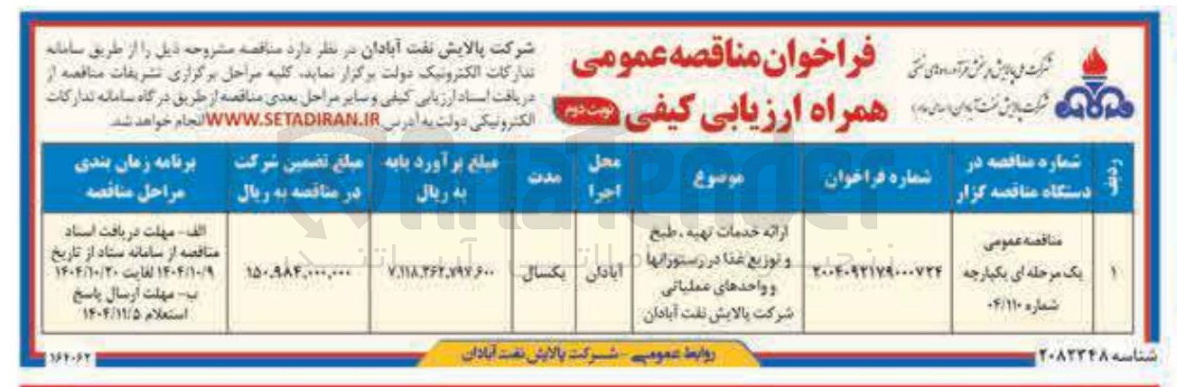 تصویر کوچک آگهی ارائه خدمات تهیه طبخ و توزیع غذا در رستوران ها و واحدهای عملیاتی