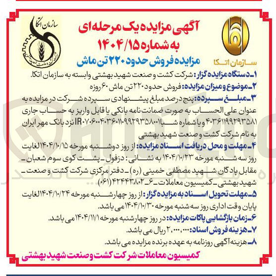 تصویر کوچک آگهی فروش حدود ۲۲۰ تن ماش ۶۰ روزه 