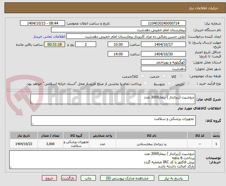 تصویر کوچک آگهی دروشیت (زیرانداز ) بیمار3000 عدد