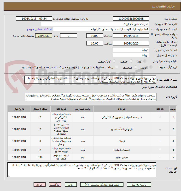 تصویر کوچک آگهی روغن بهران توربو دیزل 2 بشکه 440 لیتر- فن تابلو آسانسور شیندلی 2 دستگاه-نردبان تمام آلومینیوم 8 پله- 6 پله -7 پله  3 عدد-برد سر درب آسانسور شیندلی 