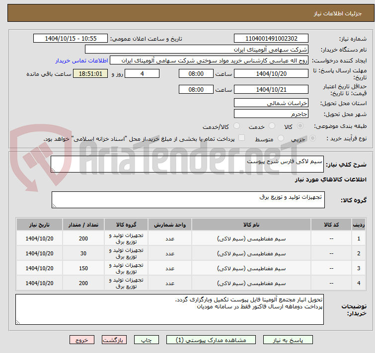 تصویر کوچک آگهی سیم لاکی فارس شرح پیوست