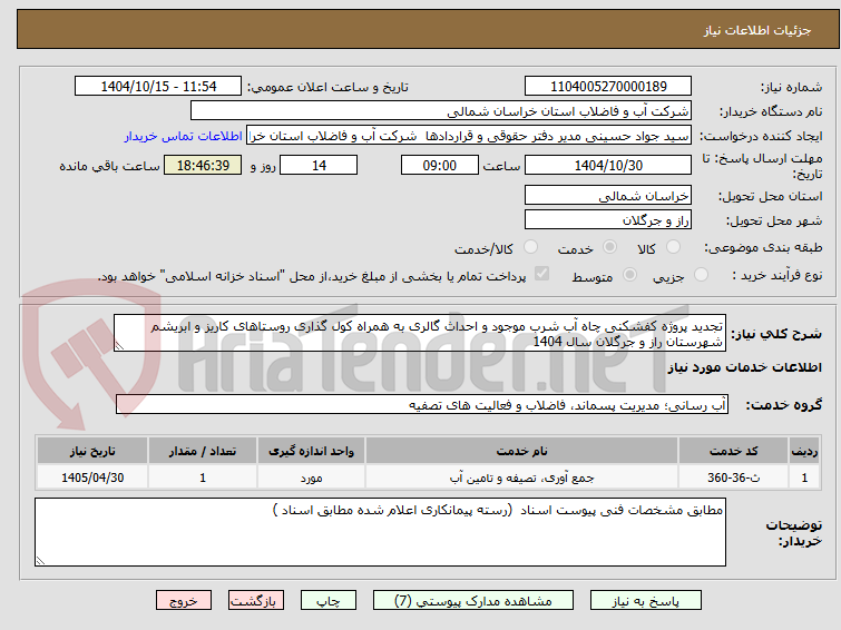 تصویر کوچک آگهی تجدید پروژه کفشکنی چاه آب شرب موجود و احداث گالری به همراه کول گذاری روستاهای کاریز و ابریشم شهرستان راز و جرگلان سال 1404 