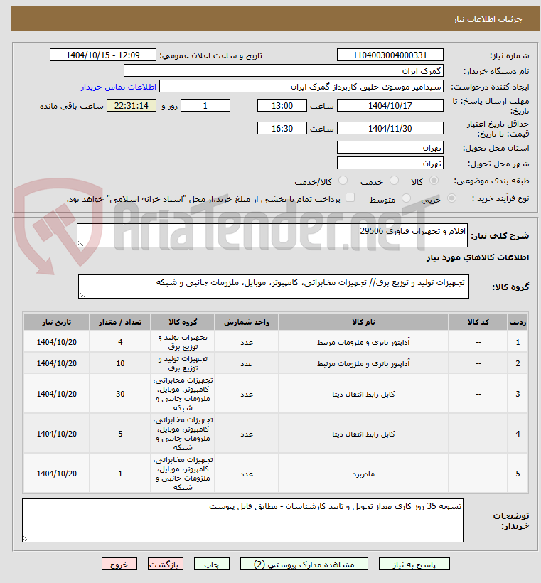 تصویر کوچک آگهی اقلام و تجهیزات فناوری 29506