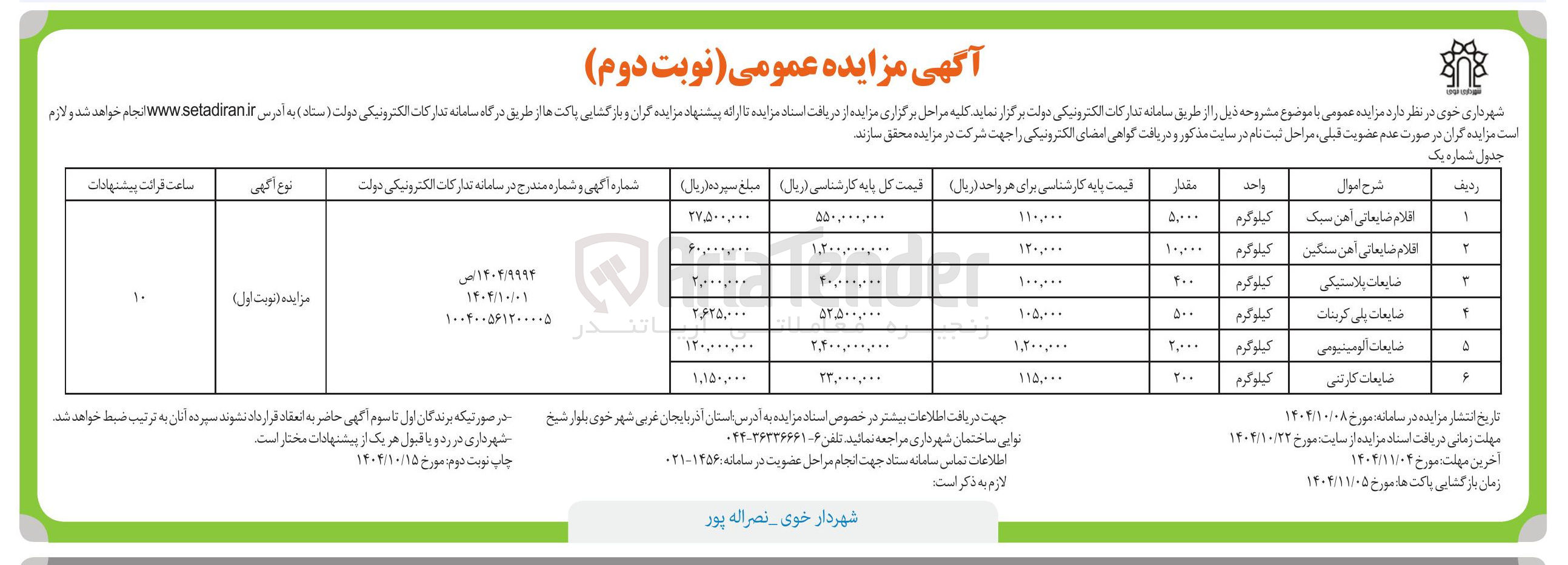 تصویر کوچک آگهی فروش اقلام ضایعاتی