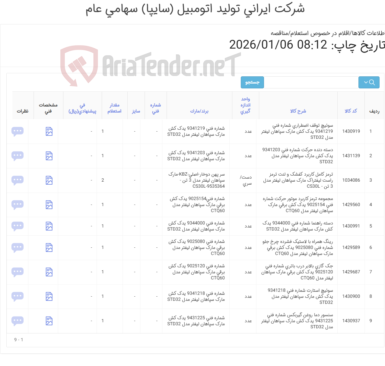 تصویر کوچک آگهی 9 ردیف اقلام یدکی لیفتراک