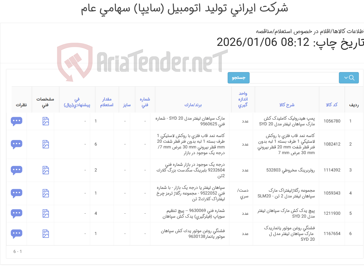 تصویر کوچک آگهی 6 ردیف اقلام یدکی لیفتراک