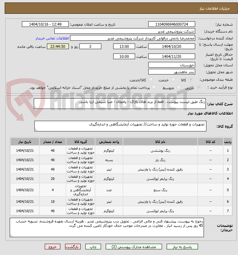 تصویر کوچک آگهی رنگ طبق لیست پیوست . فقط از برند های باژاک - پامچال - صبا شیمی اریا باشد.