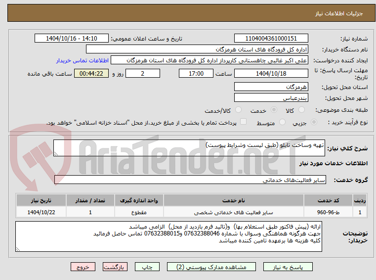 تصویر کوچک آگهی تهیه وساخت تابلو (طبق لیست وشرایط پیوست)