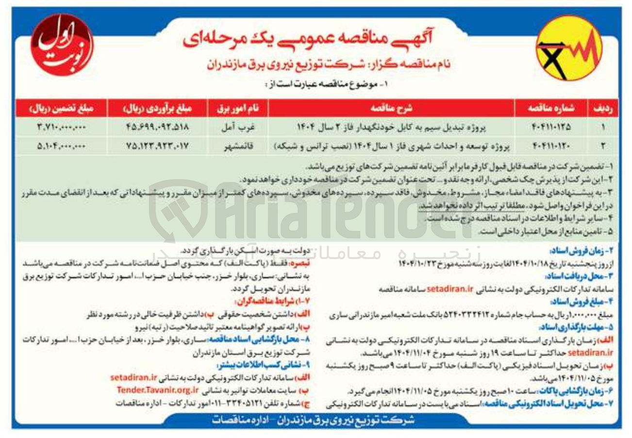 تصویر کوچک آگهی پروژه توسعه و احداث شهری فاز ۱ سال ۱۴۰۴ نصب ترانس و شبکه 
