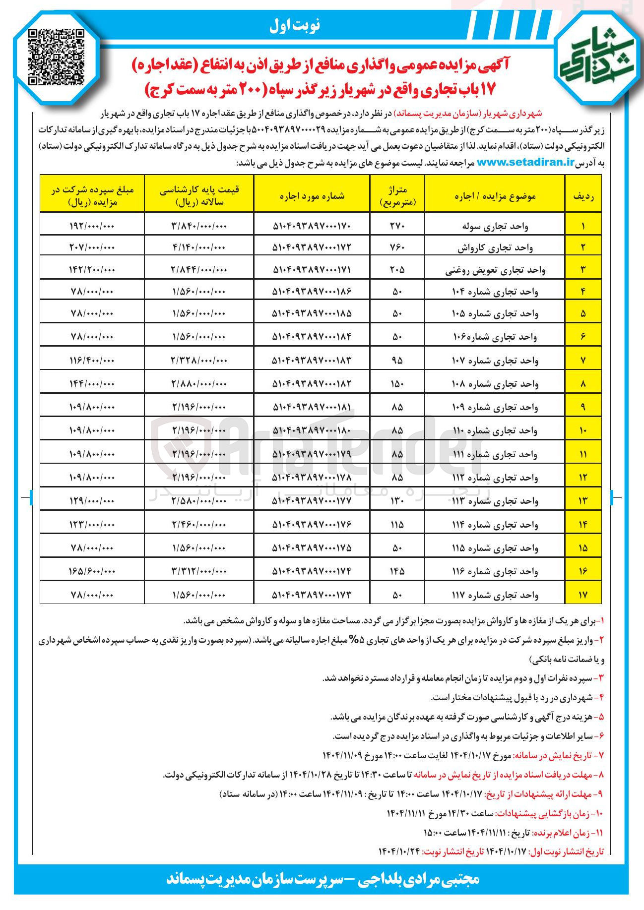 تصویر کوچک آگهی اجاره ۱۷ باب تجاری
