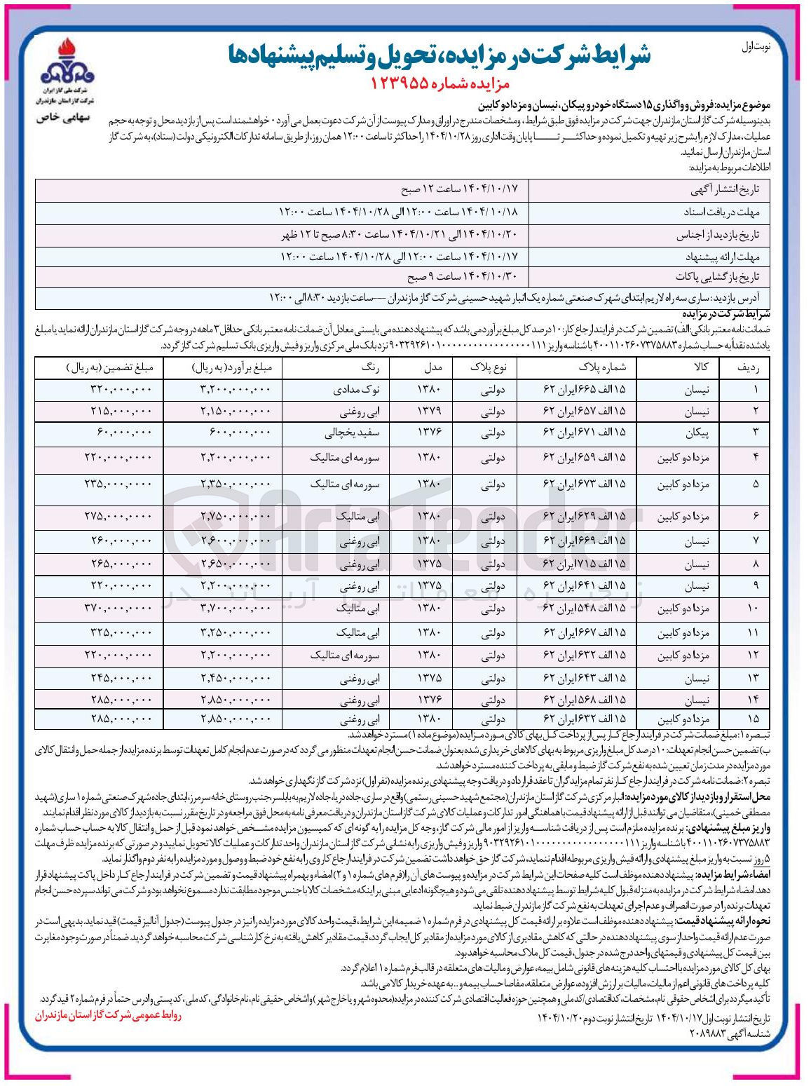 تصویر کوچک آگهی فروش و واگذاری ۱۵ دستگاه خودرو پیکان ، نیسان و مزدا دو کابین