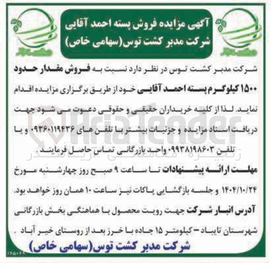 تصویر کوچک آگهی فروش مقدار حدود ۱۵۰۰ کیلوگرم پسته احمد آقایی