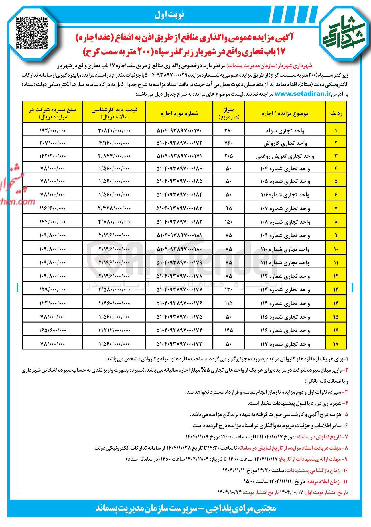 تصویر کوچک آگهی اذن به انتفاع (عقد اجاره ) ۱۷ باب تجاری