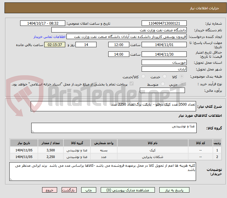 تصویر کوچک آگهی تعداد 3500 عدد کیک دوقلو - بایکت یزگ تعداد 2250 عدد