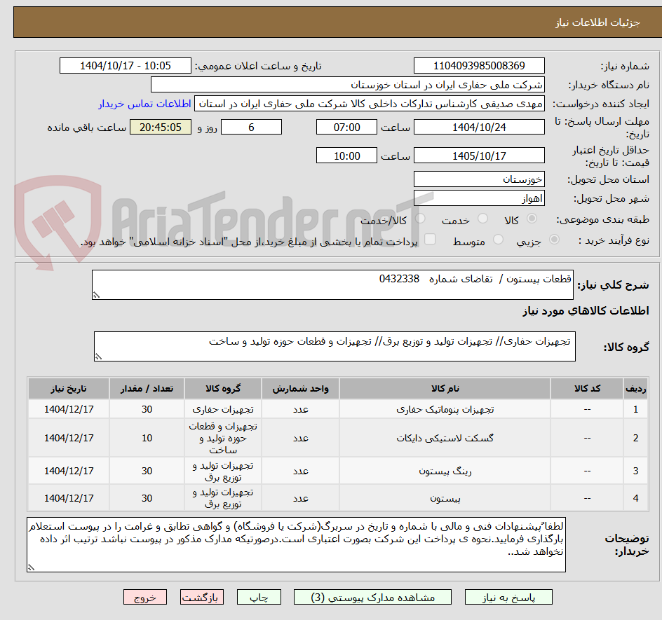 تصویر کوچک آگهی قطعات پیستون / تقاضای شماره 0432338