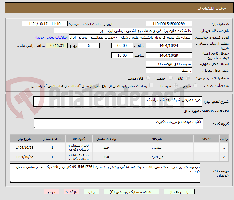 تصویر کوچک آگهی خرید مصرفی شبکه بهداشت راسک
