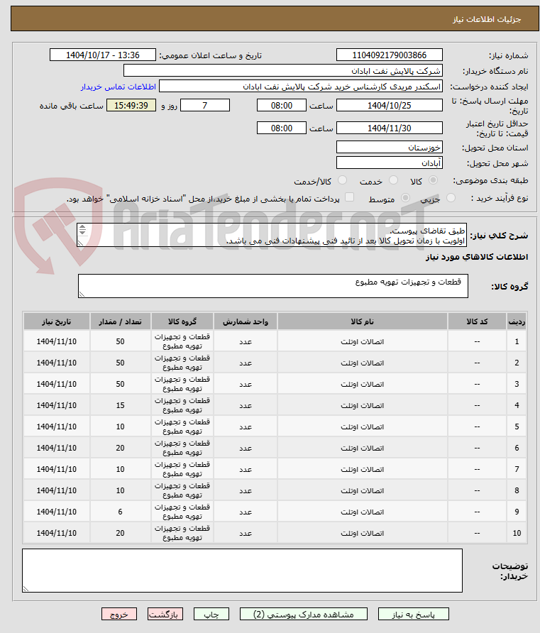 طبق تقاضای پیوست.
اولویت با زمان تحویل کالا بعد از تائید فنی پیشنهادات فنی می باشد.
مریدی531882231