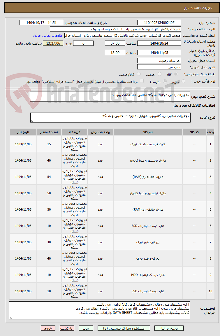 تصویر کوچک آگهی تجهیزات یدکی مجازی شبکه مطابق مشخصات پیوست 