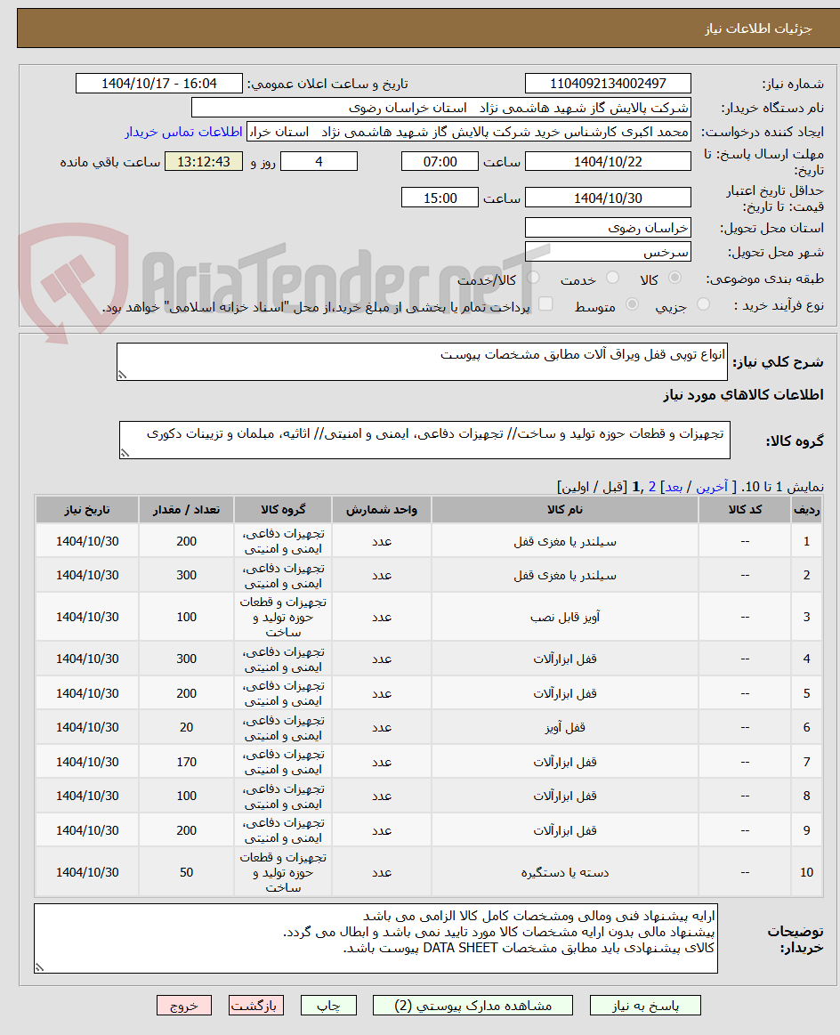 تصویر کوچک آگهی انواع توپی قفل ویراق آلات مطابق مشخصات پیوست 