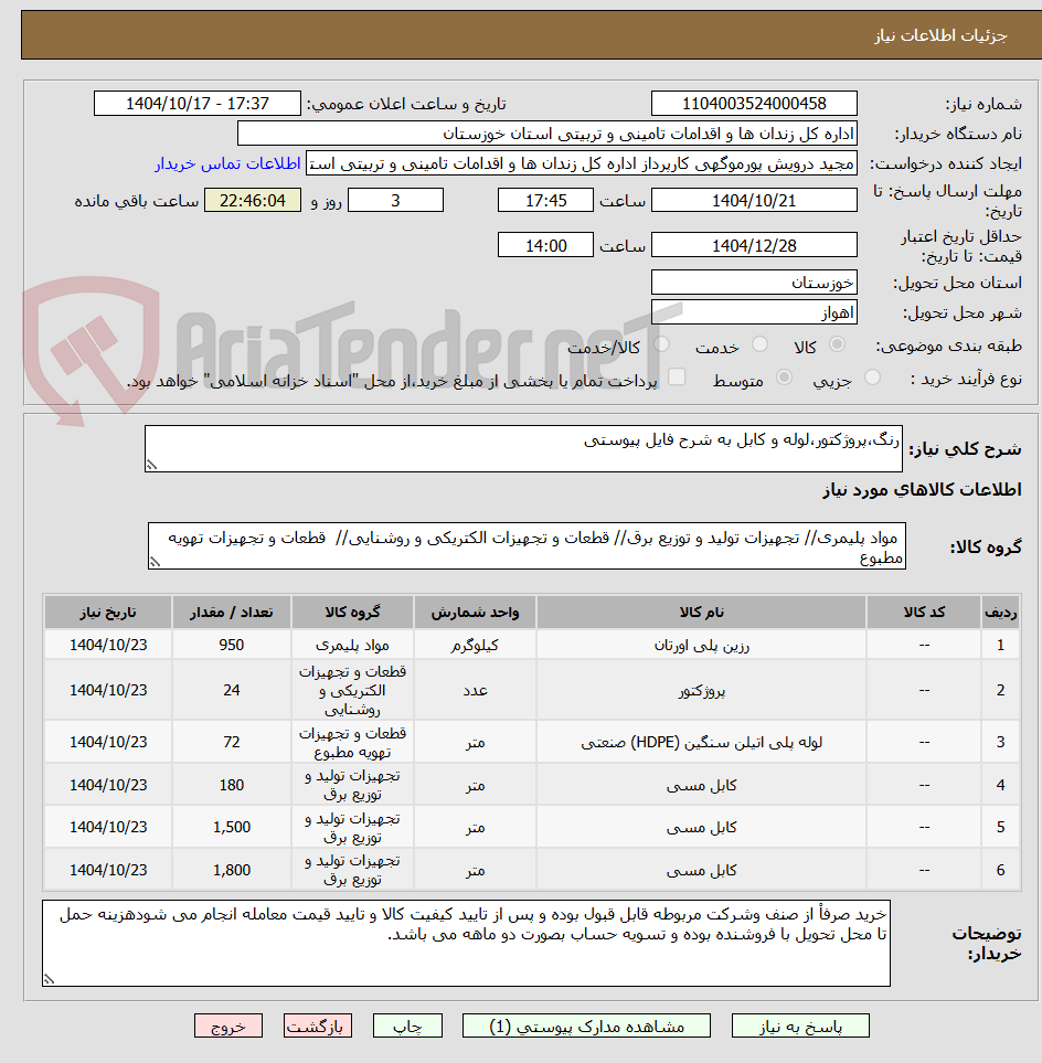 تصویر کوچک آگهی رنگ،پروژکتور،لوله و کابل به شرح فایل پیوستی