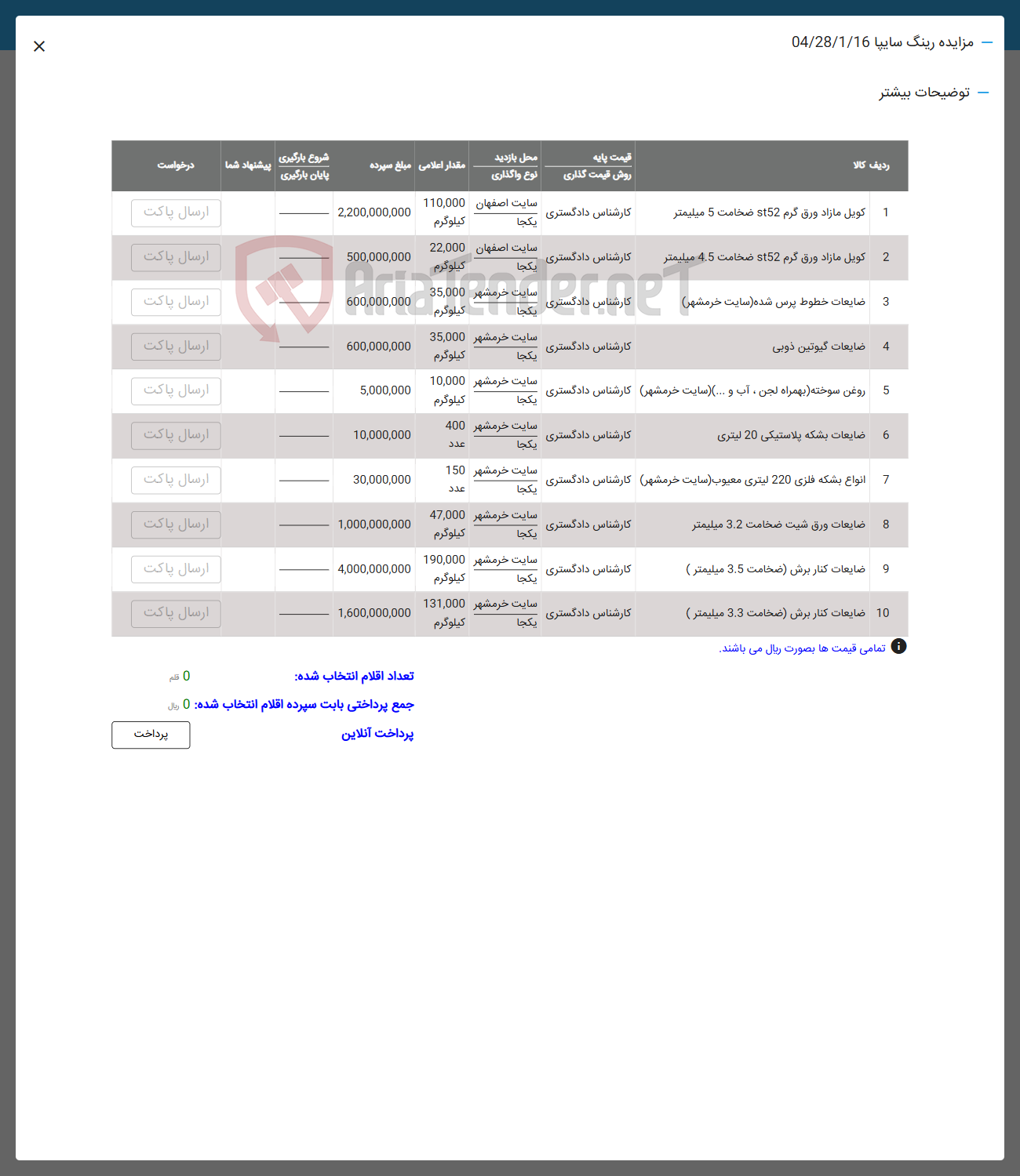 تصویر کوچک آگهی فروش اموال در 10 ردیف شامل کویل مازاد ورق گرم st52 ضخامت 5 میلیمتر --ضایعات گوتین ذوبی -انواع بشکه ضایعات ورق و ....