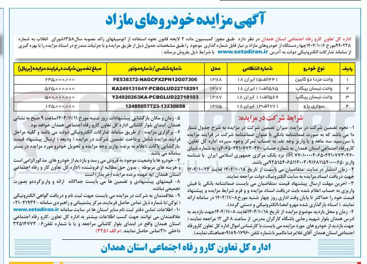 تصویر کوچک آگهی فروش چهار دستگاه از خودروهای مازاد بر نیاز قابل شماره گذاری